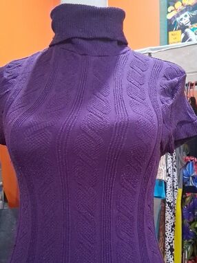 bebe Purple Short Sleeve Cable Knit Turtleneck Top